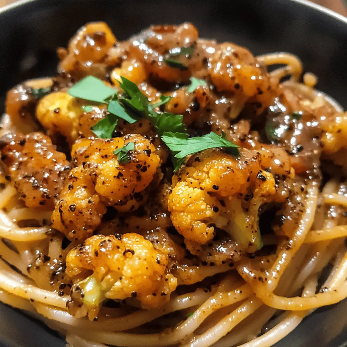 Vegan Spaghetti mit schwarzer Pfeffersauce und Blumenkohl