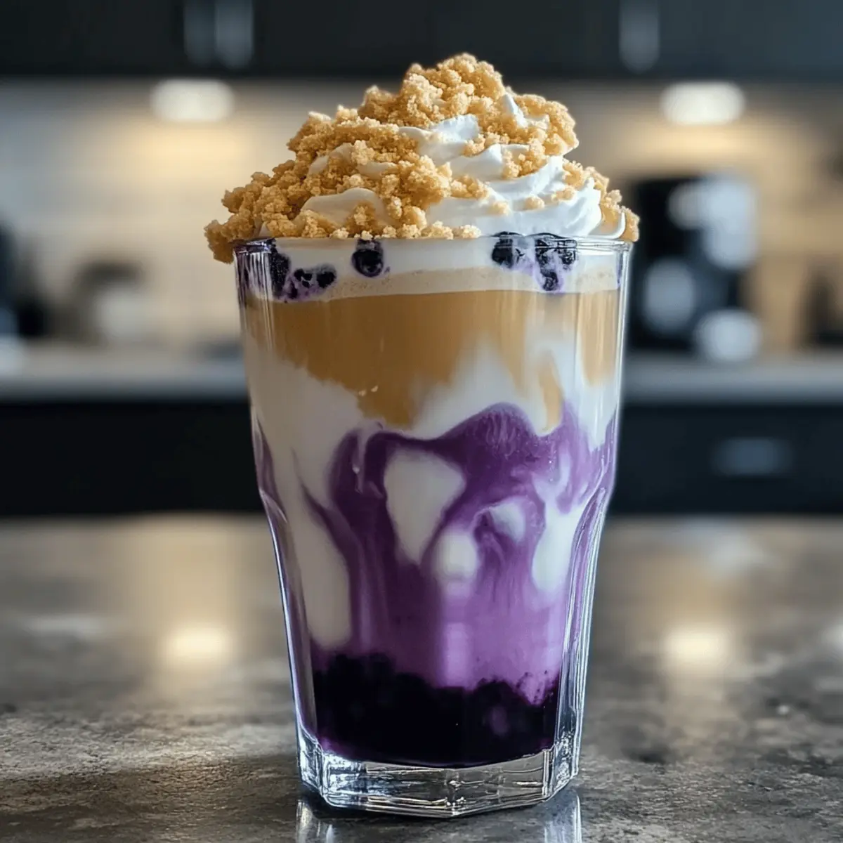 Eisgekühltes Blaubeer-Käsekuchen-Latte