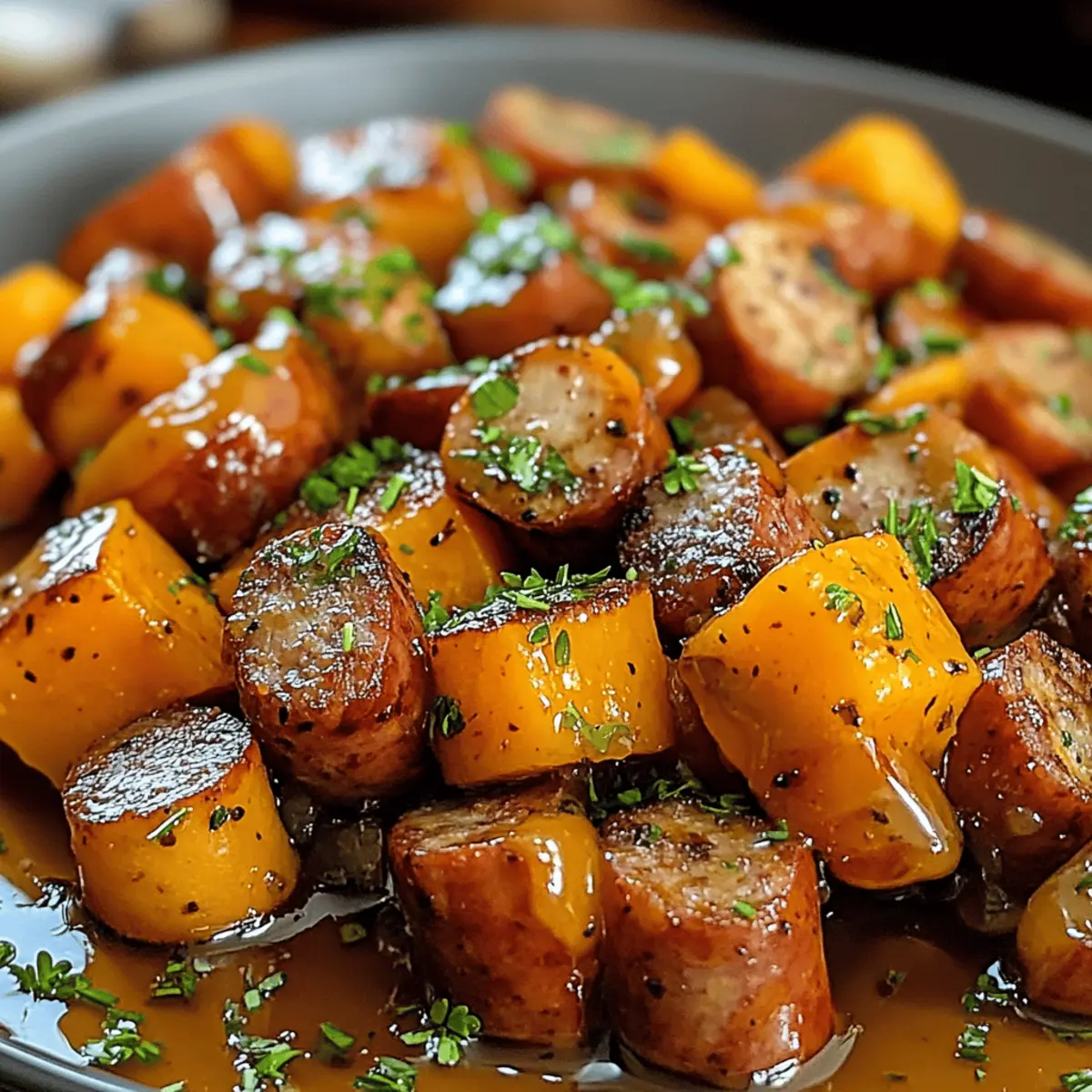 Sausage und Süßkartoffeln in Honig-Knoblauchsauce