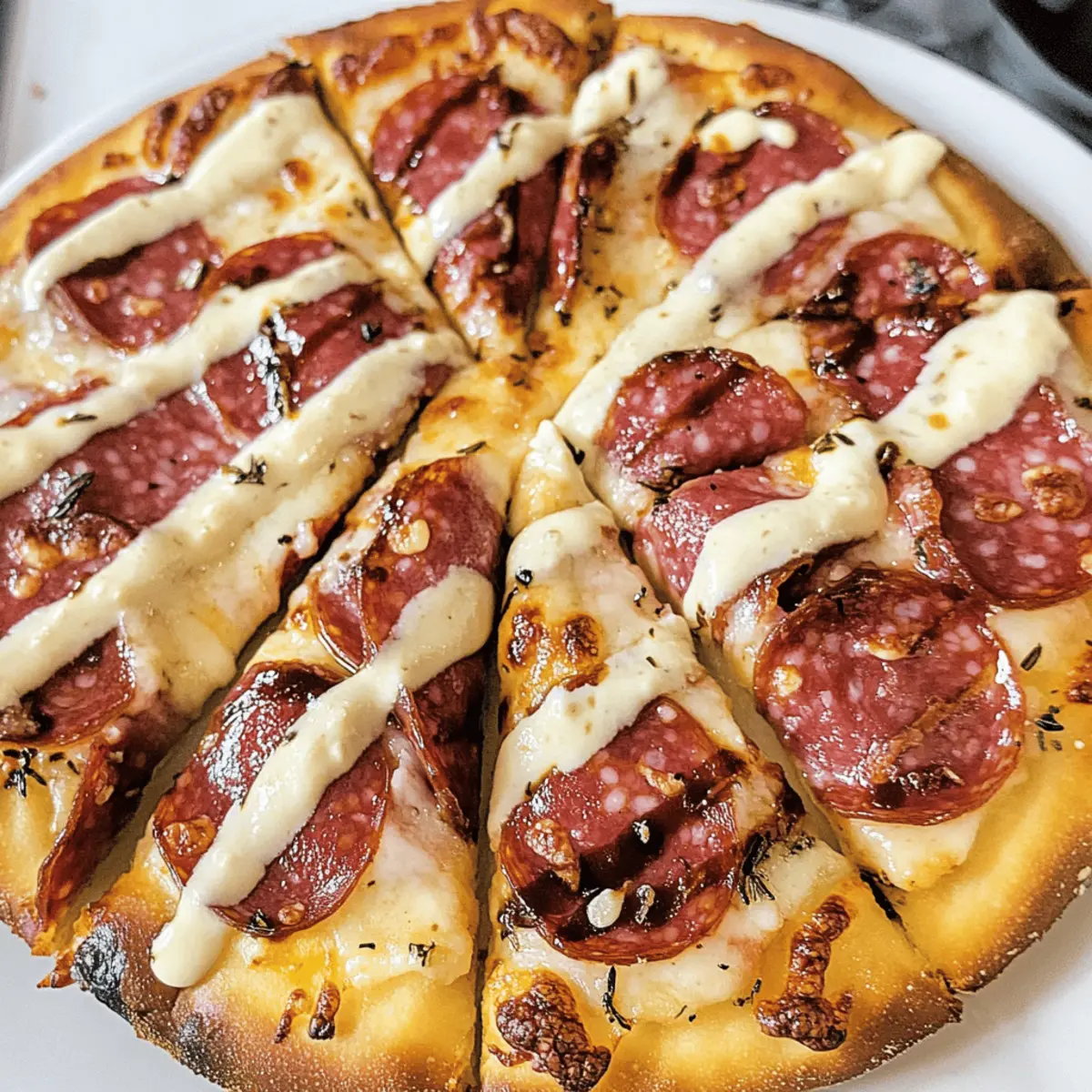 Gourmet Salami Pizza mit Knoblauch Dijon Aioli