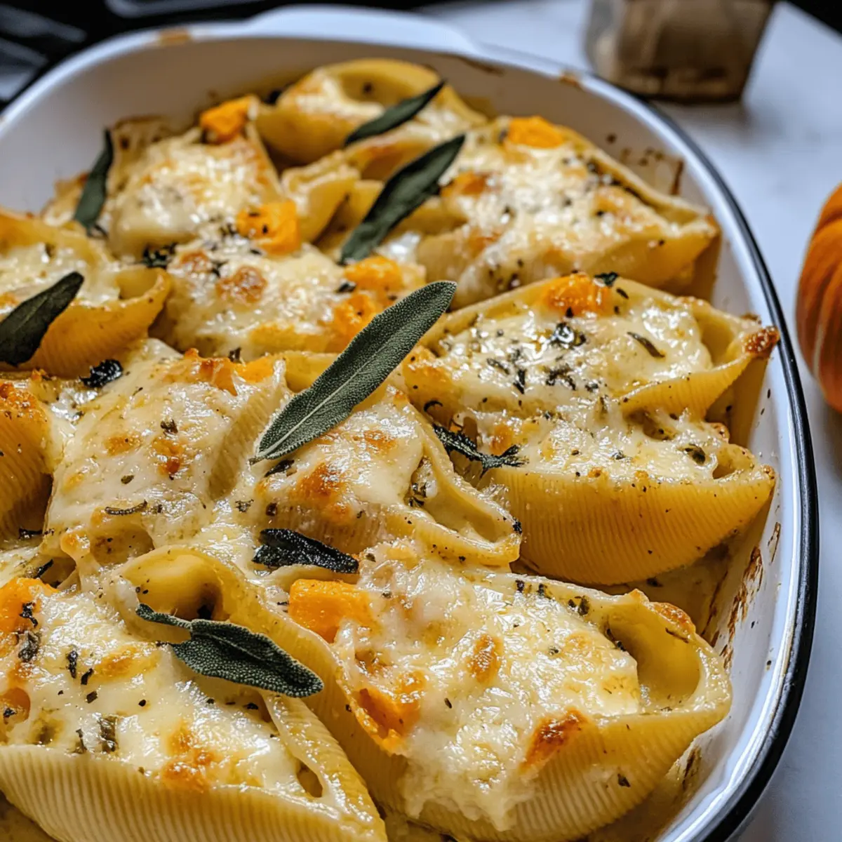 Kürbis-Gouda gefüllte Muscheln mit Salbeisahnesoße