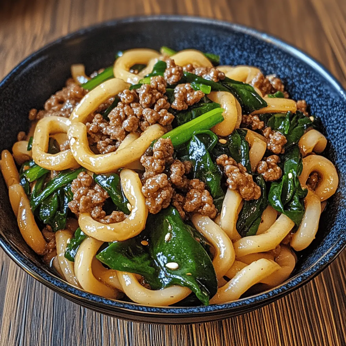 Udon-Nudeln mit Rinderhack und Spinat genießen