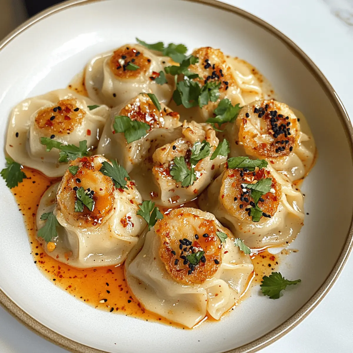 Hähnchen und Garnelen Teigtaschen mit Chili Tahini Sauce