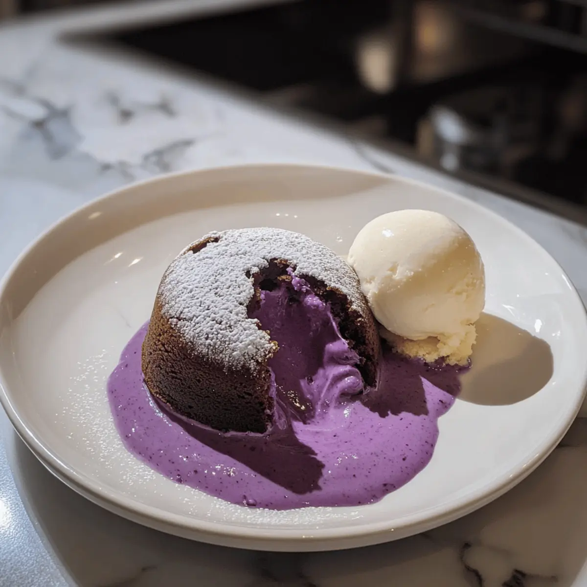Ube Lava Kuchen mit Vanilleeis
