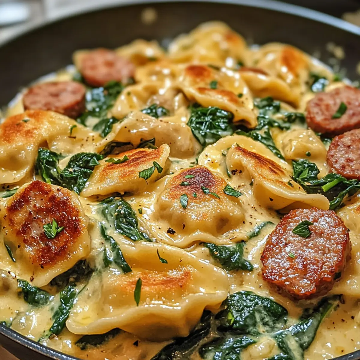 Cremiges Pierogi und Truthahnwurst Pfanne Freude