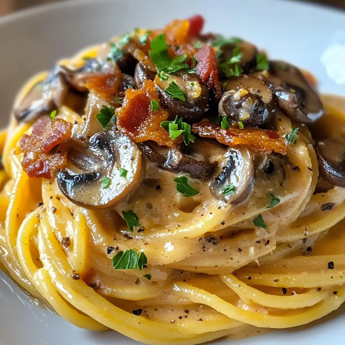 Kürbis & Pilz Spaghetti mit knusprigem Bacon