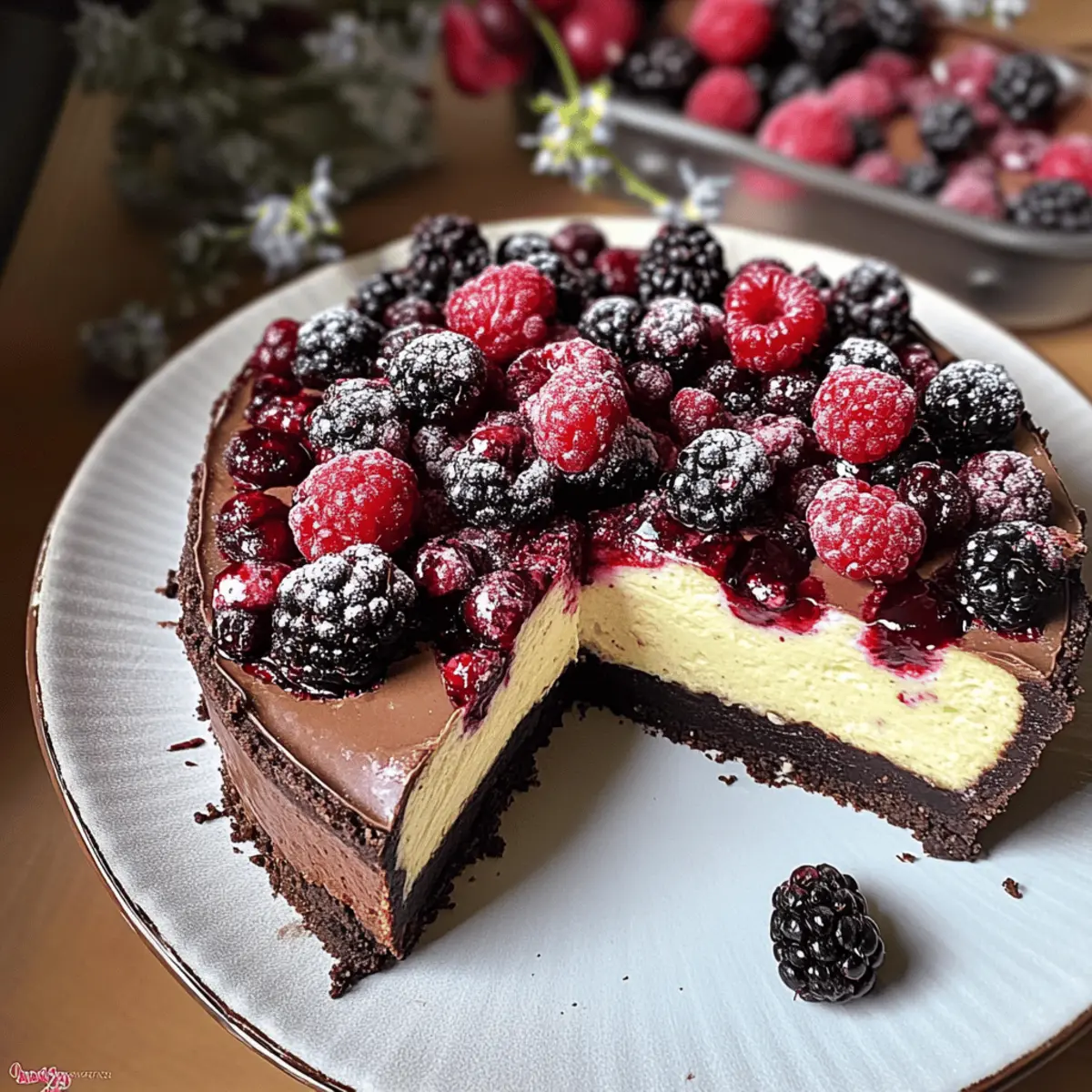 Schokoladen-Beeren-Cheesecake mit Apfelmus