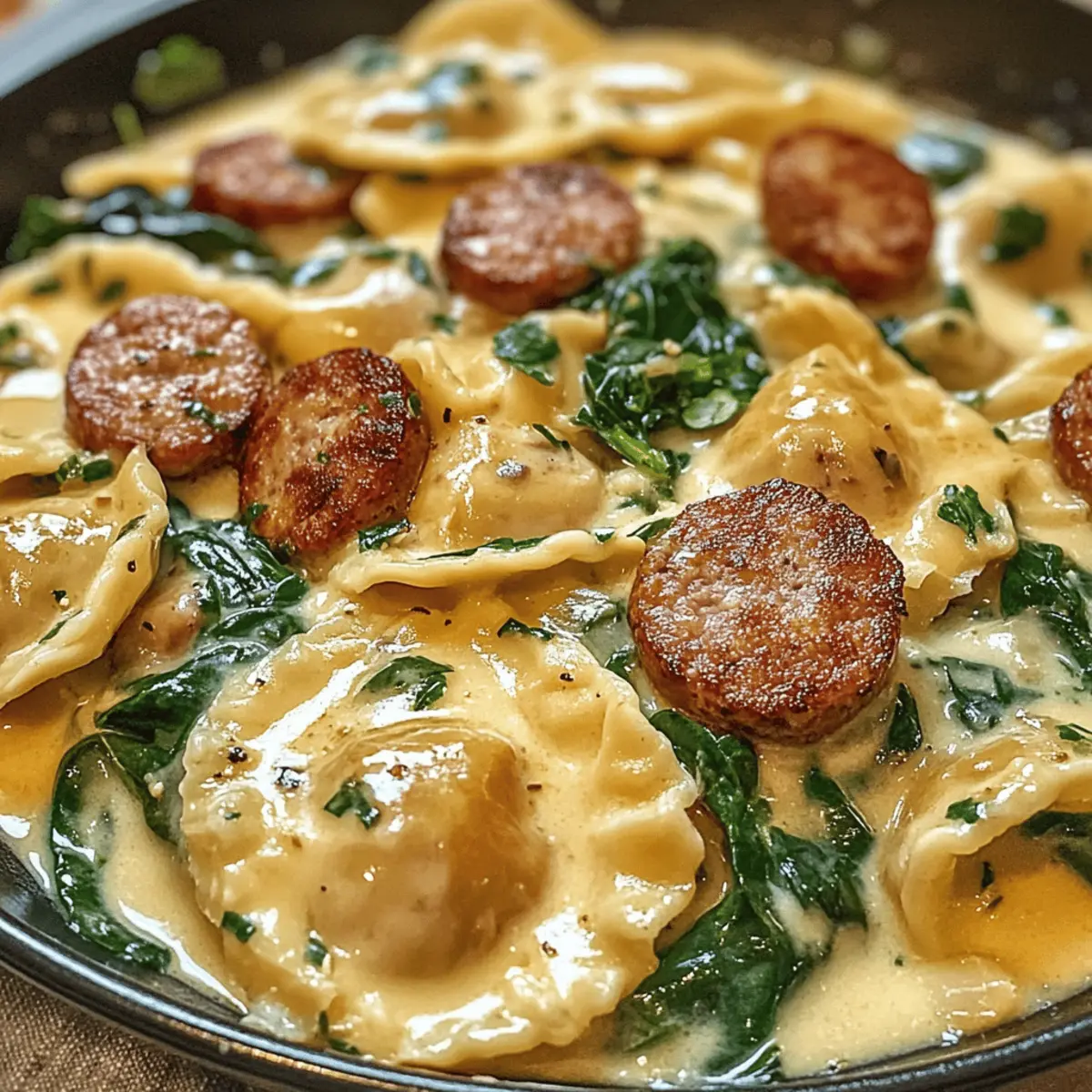 Cremige Pierogi mit Putenwurst in einer Pfanne