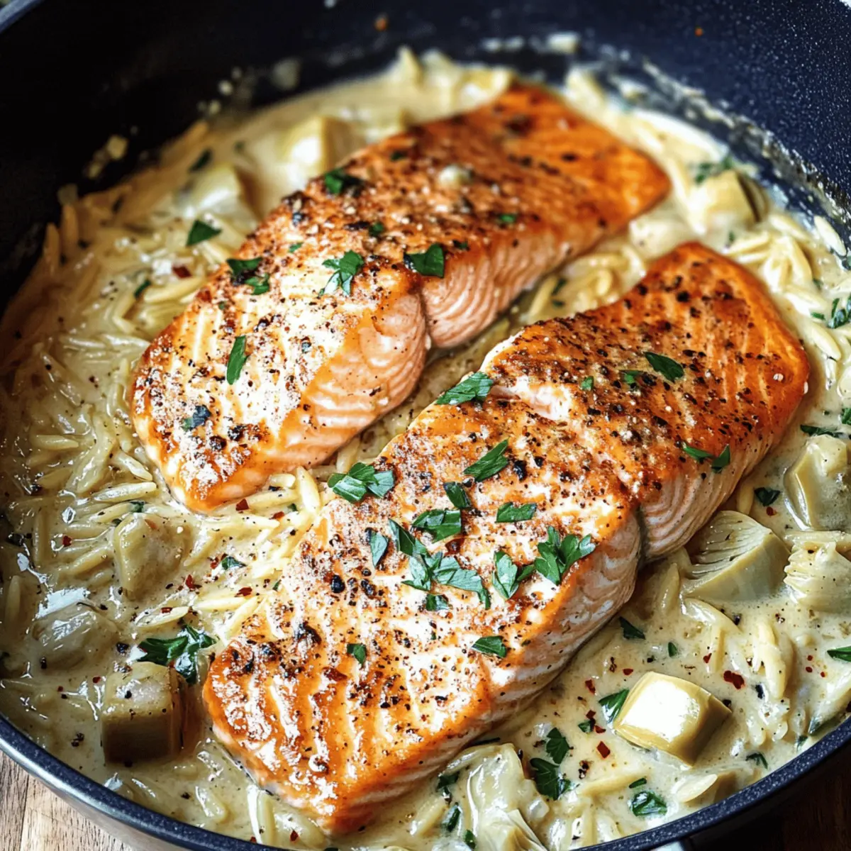 Der Ausgang: Cremiger Lachs mit Artischocken-Orzo