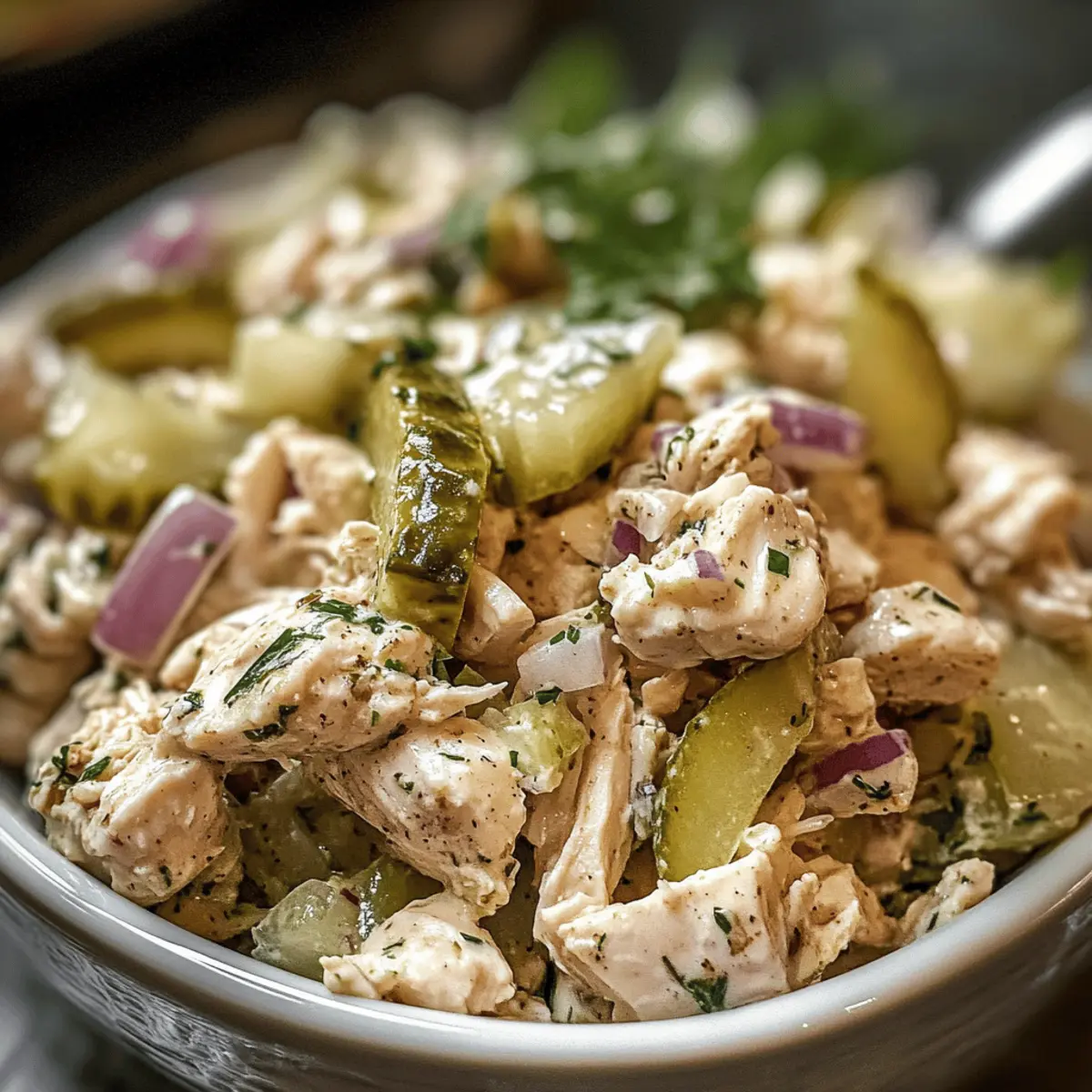 Cremiger Dill-Pickle-Hühnchen-Salat für dein Mittagessen