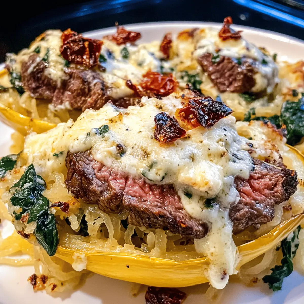 Keto Steak Gorgonzola Alfredo aus Spaghetti Squash