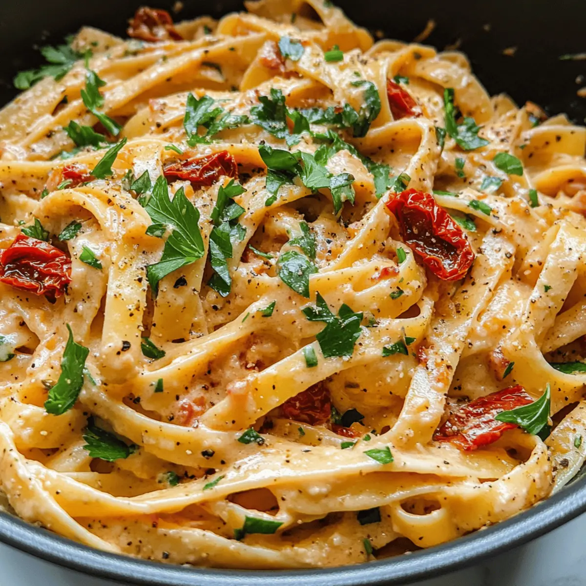 Vegan cremige Pasta mit getrockneten Tomaten