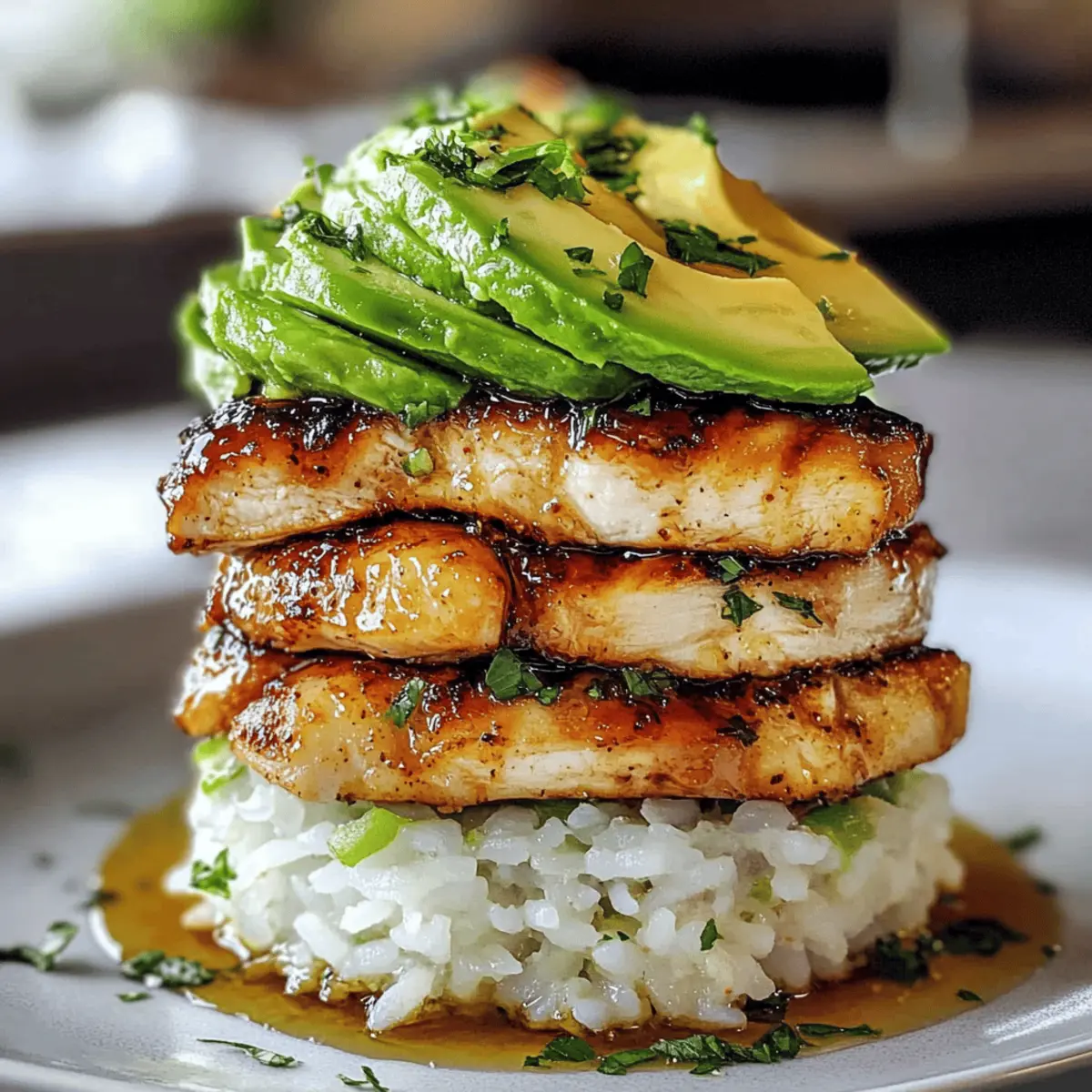 Honig-Limetten-Hühnchen mit Avocado-Reis-Stapel