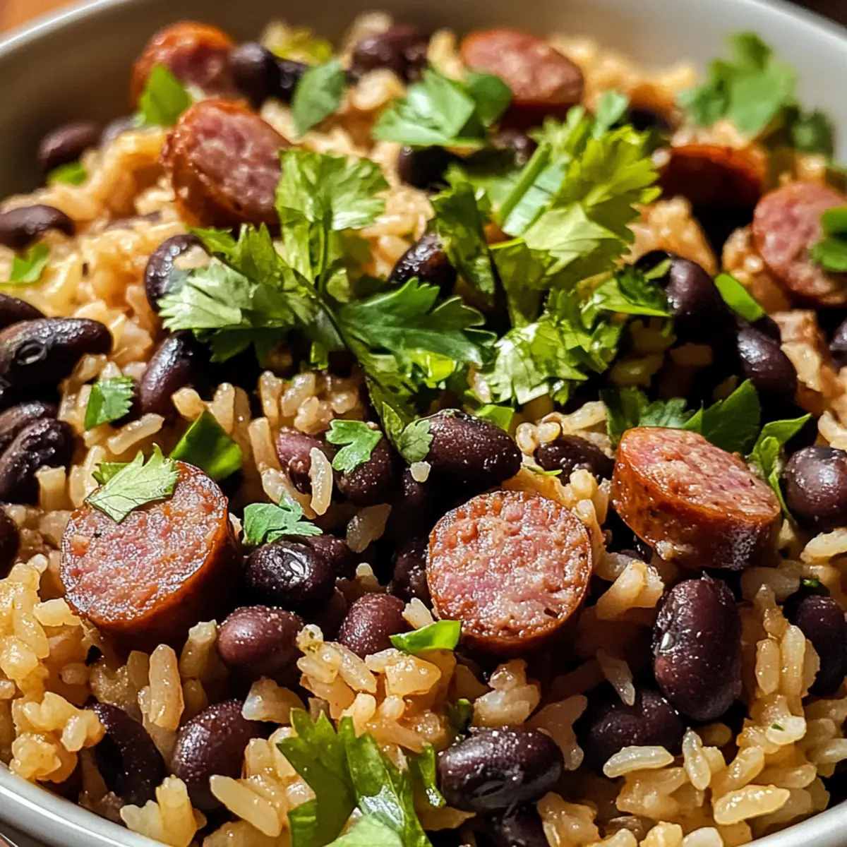 Schwarze Bohnen und Reis mit Rindswürstchen für Genießer