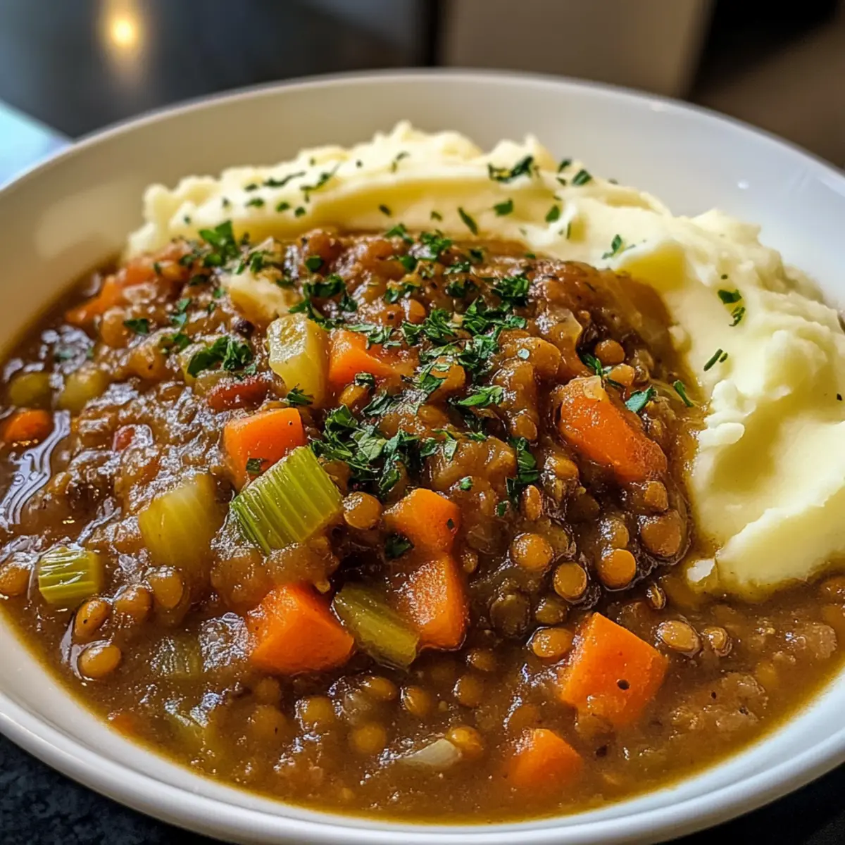 Linsen-Eintopf mit cremigem Kartoffelpüree für Soulfood
