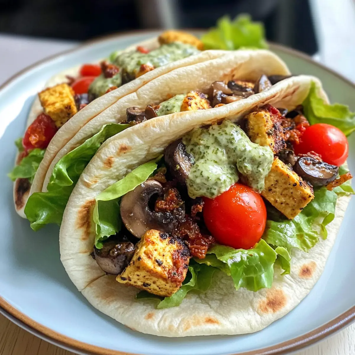 Spritzige Tofu- und Pilz-Wraps mit Pesto-Mayo