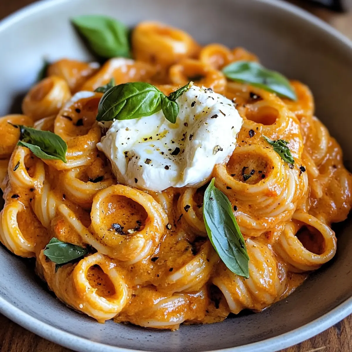 Cremige Paprika-Pasta mit Burrata und Kräutern genießen