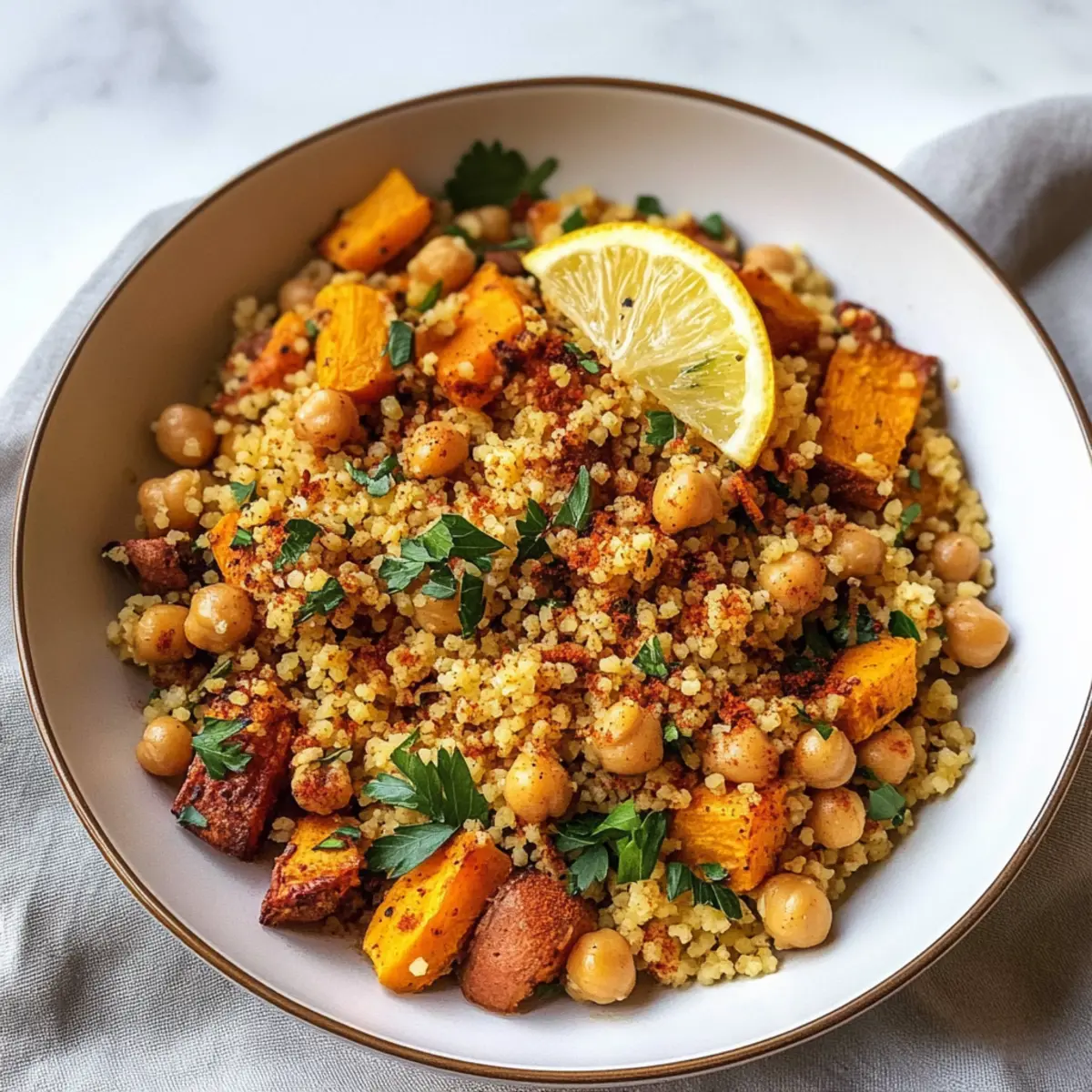 Marokkanisch inspiriertes Couscous mit Süßkartoffel & Kichererbsen