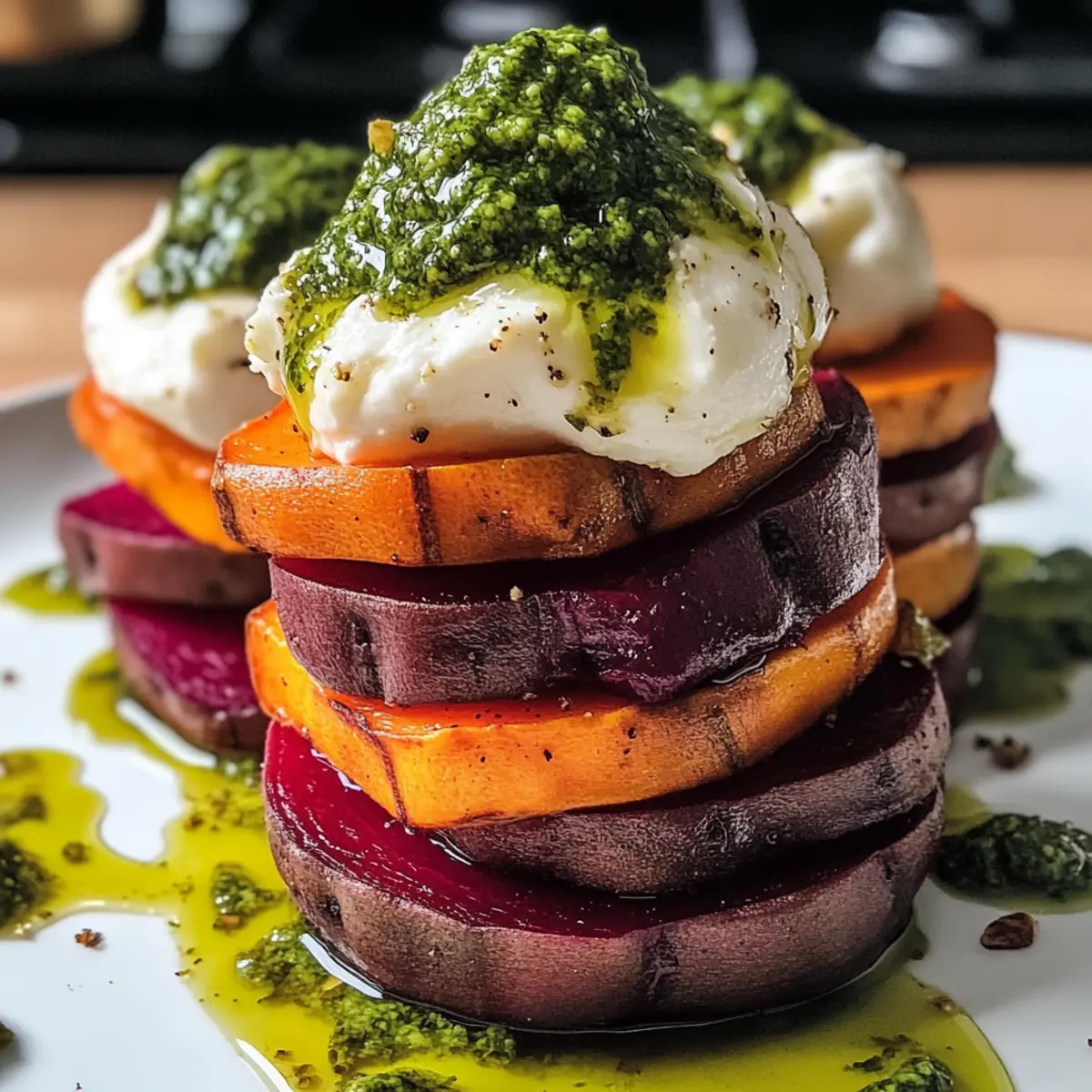 Süßkartoffel- und Rote-Bete-Stapel mit Pesto