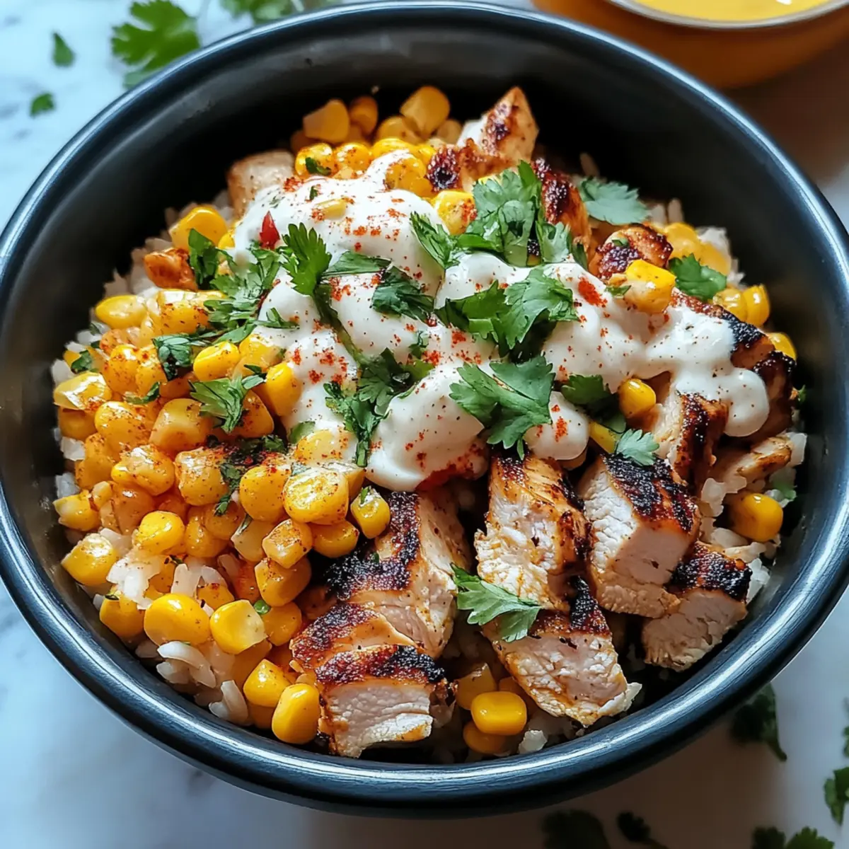 Mexikanische Straßenmais-Hühnchen-Schüssel für Zuhause