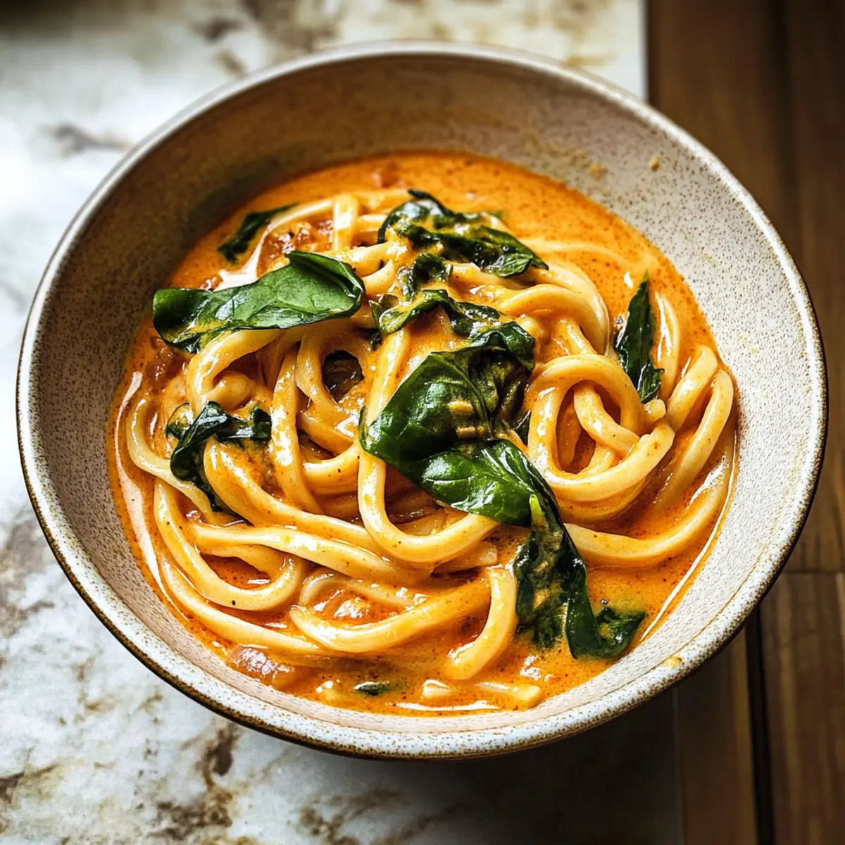 Cremige thailändische rote Curry Udon-Nudeln schnell zubereitet