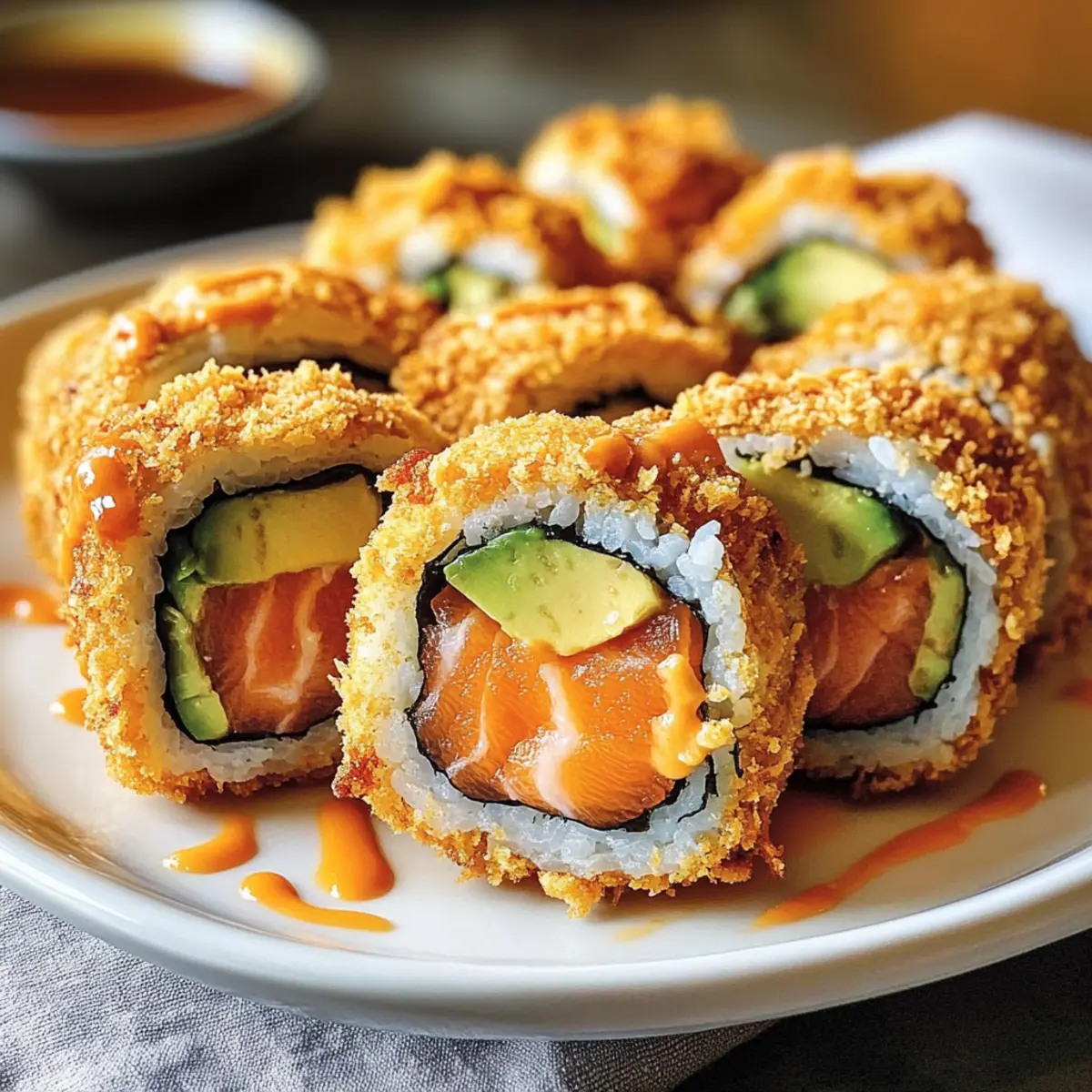 Knusprige frittierte Lachs- und Avocado-Rollen genießen