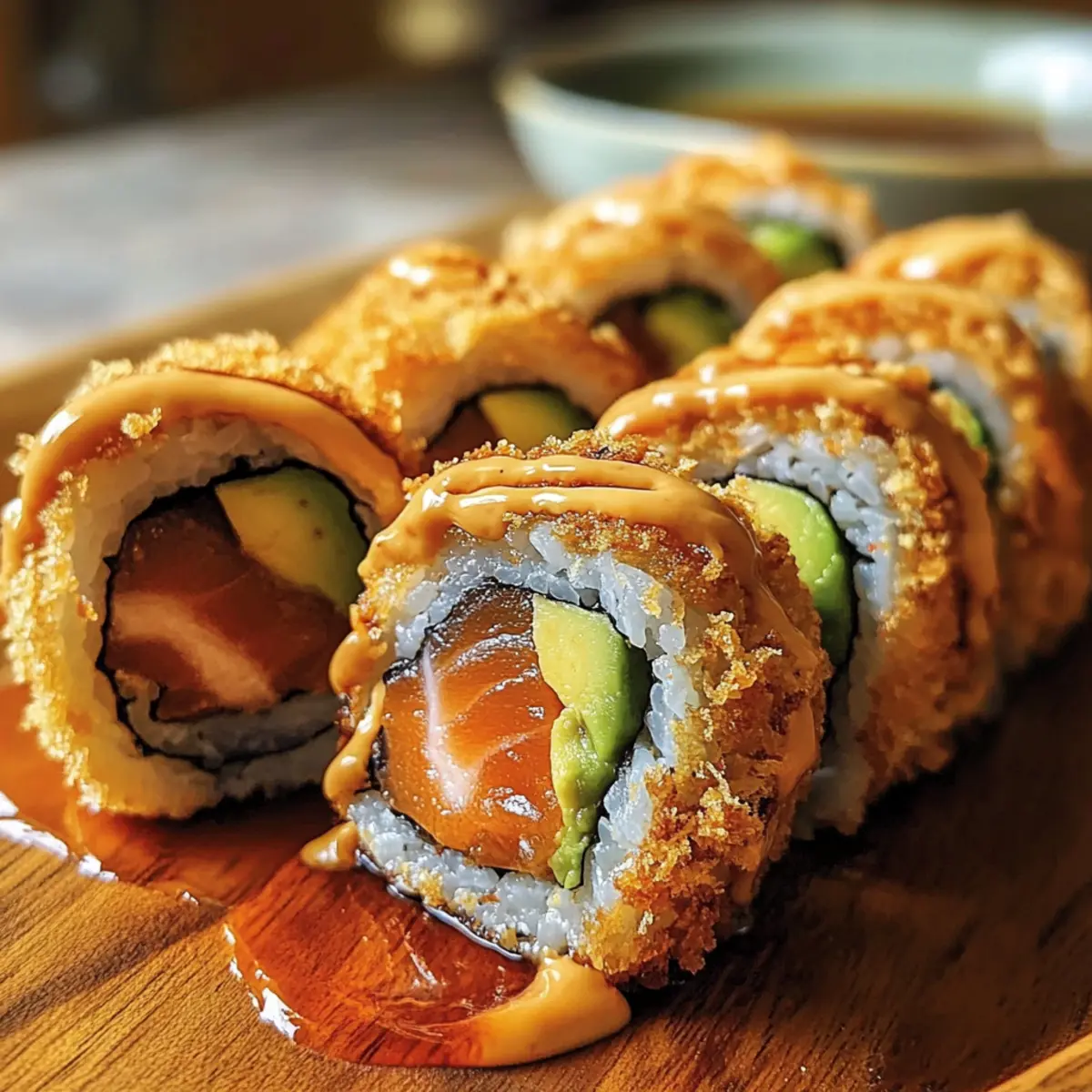 Knusprige frittierte Lachs- und Avocado-Rollen genießen