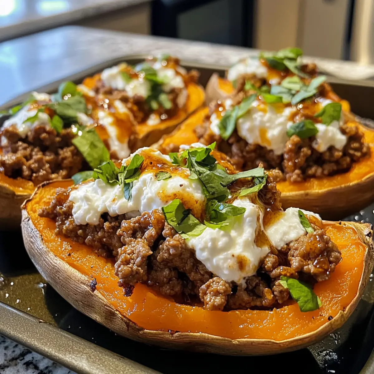 Scharfe Honig-Rindfleisch- und Süßkartoffel-Boote
