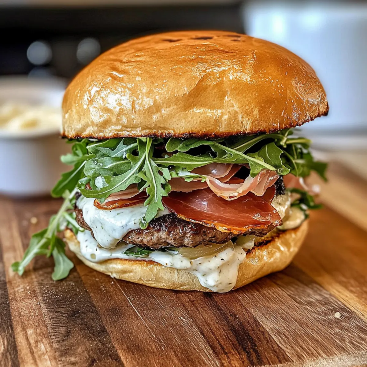 Italienischer Burger mit knusprigem Prosciutto genießen