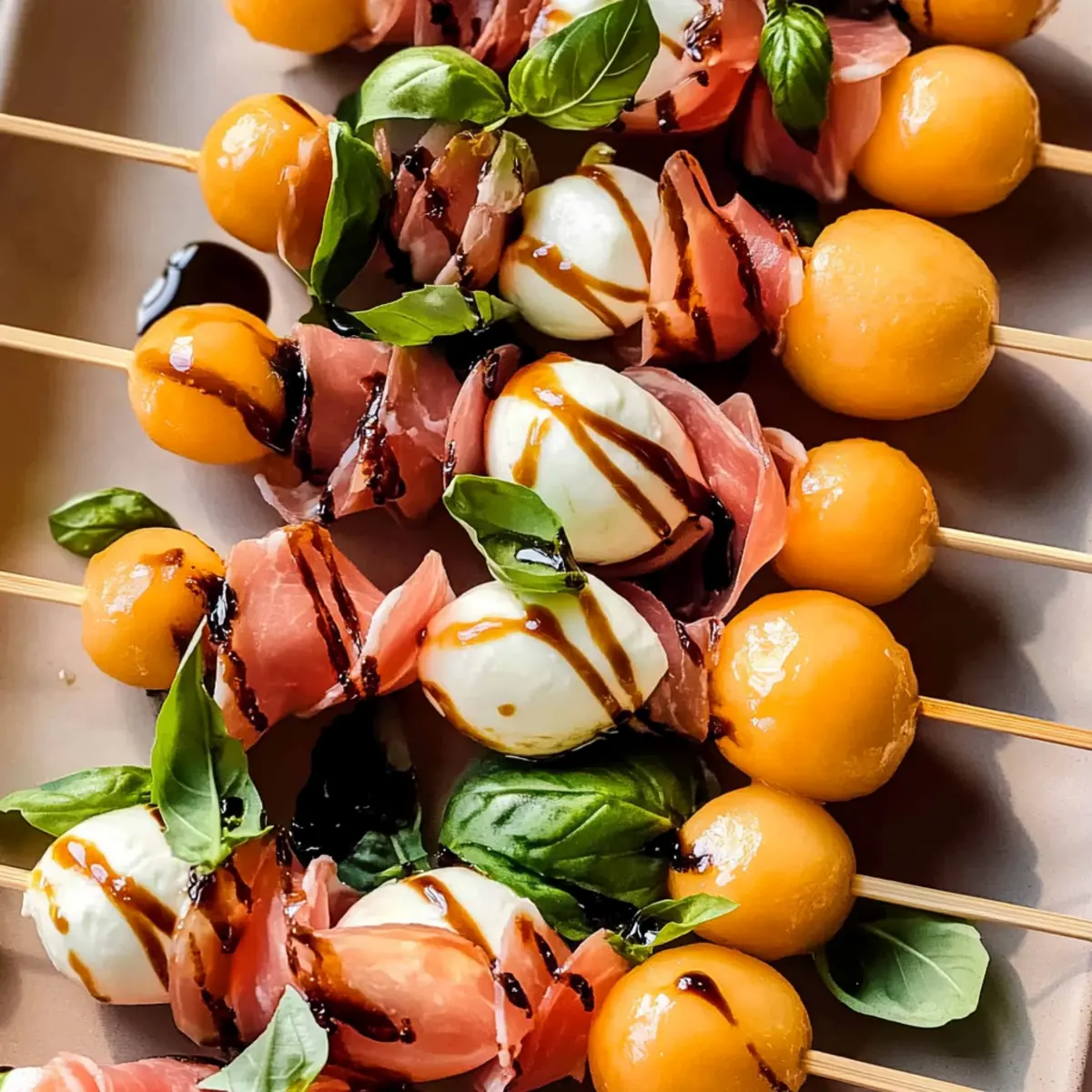 Melonen-Proscutto-Spieße mit Balsamico-Glasur