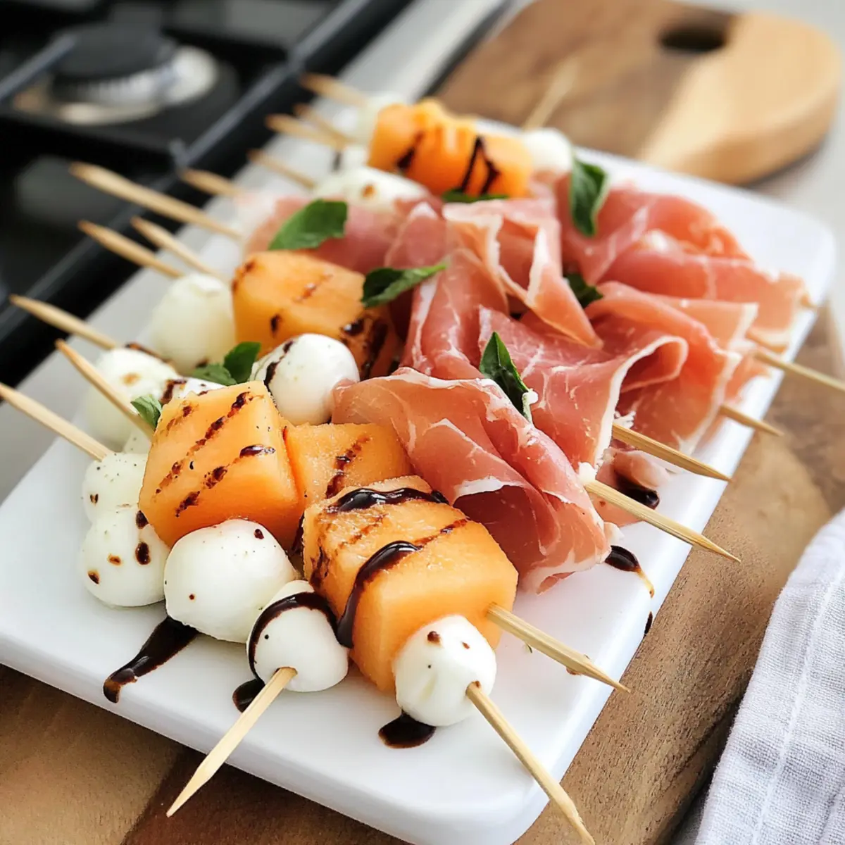 Erfrischende Melonen-, Prosciutto- und Mozzarella-Spieße