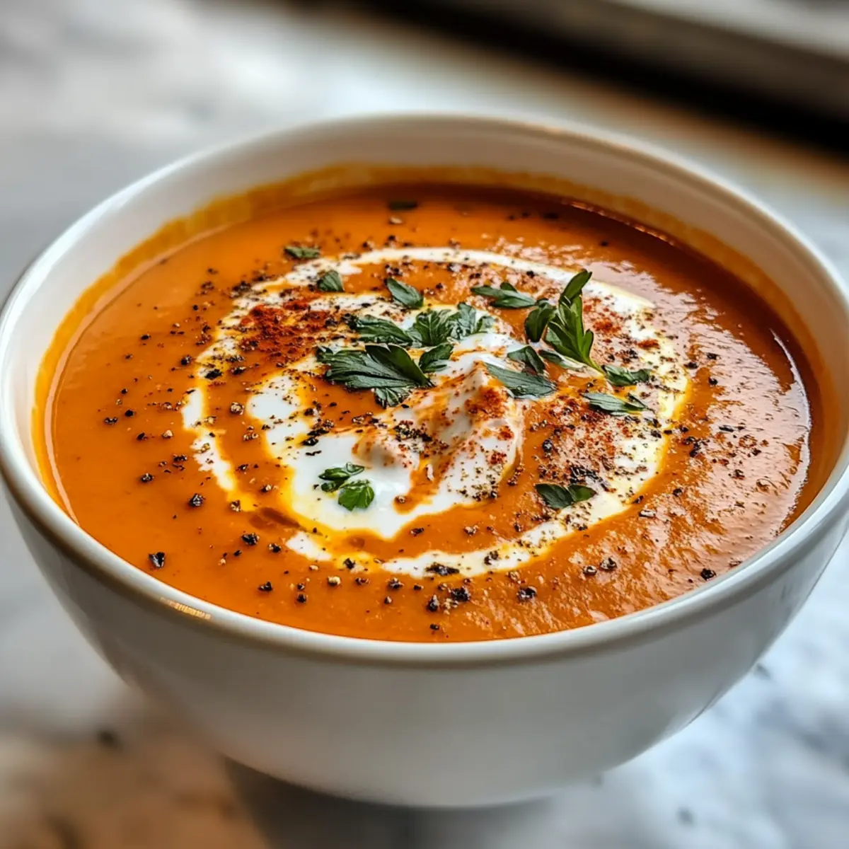 Cremige geröstete rote Paprika Gouda Suppe genießen
