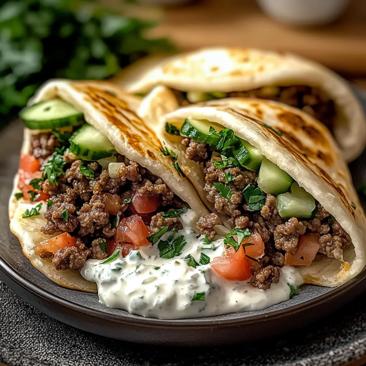 Griechische Rindfleisch gefüllte Pita mit Joghurt