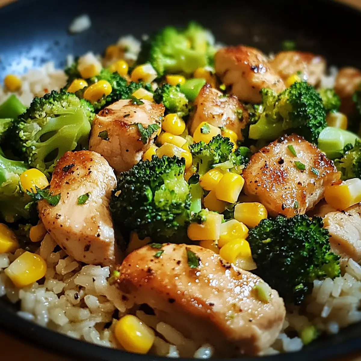 Hähnchen-Reis-Pfanne mit Brokkoli und Mais für Eilige