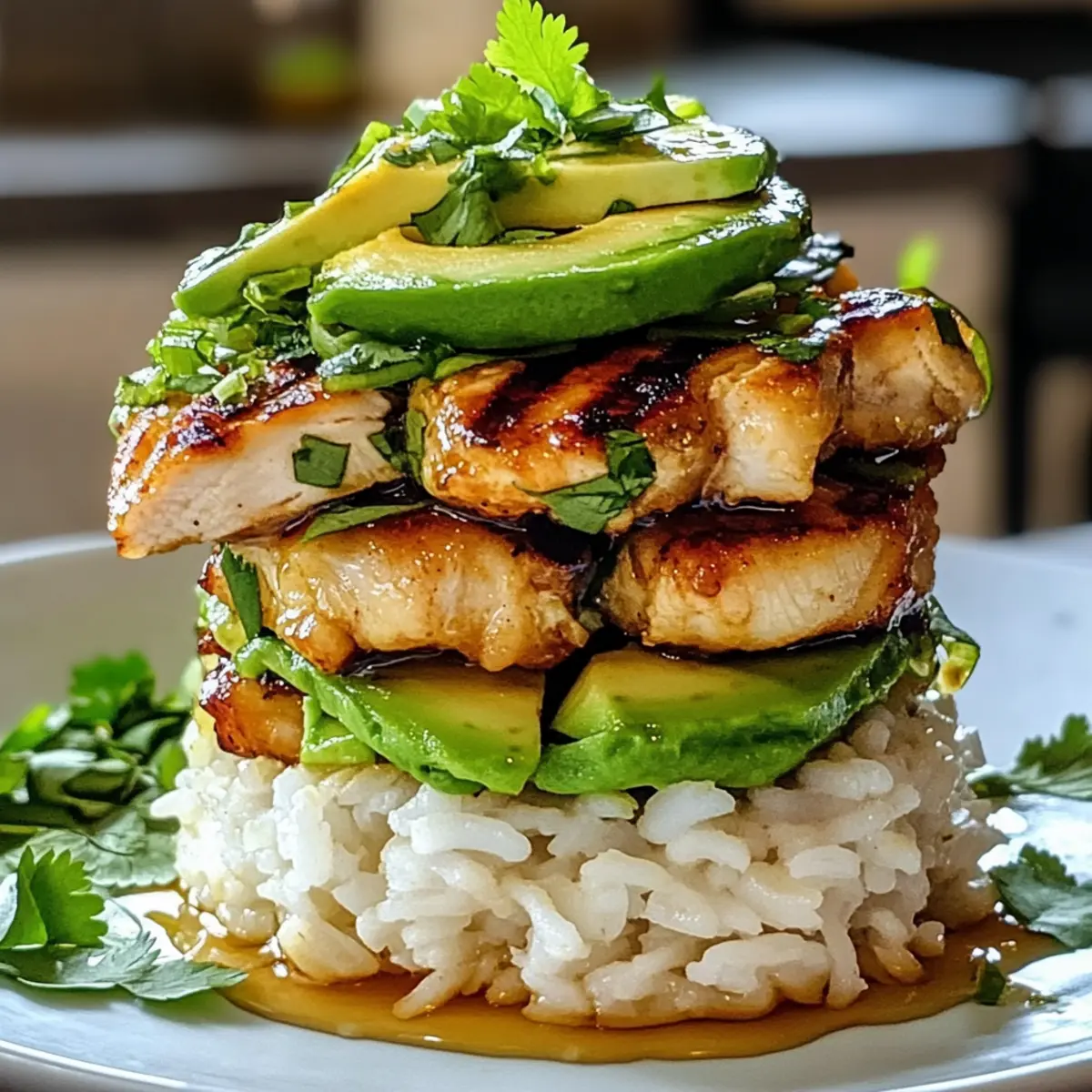 Honig-Limetten-Hühnchen mit Avocado-Reis-Stack genießen