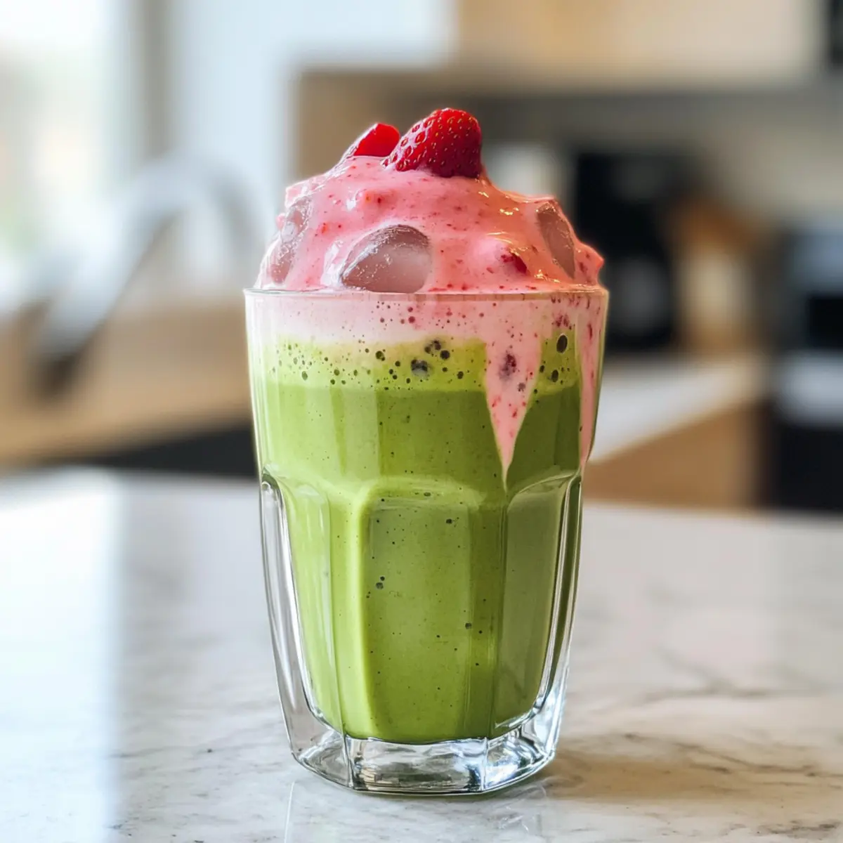 Eis-Matcha-Latte mit Erdbeer-Kalte-Schaum genießen