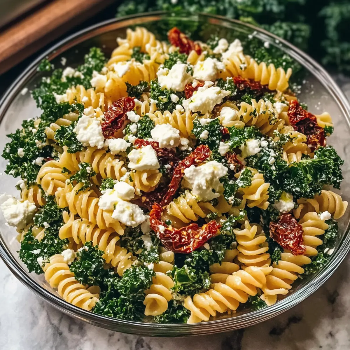 Mediterraner Nudelsalat mit Grünkohl und Feta