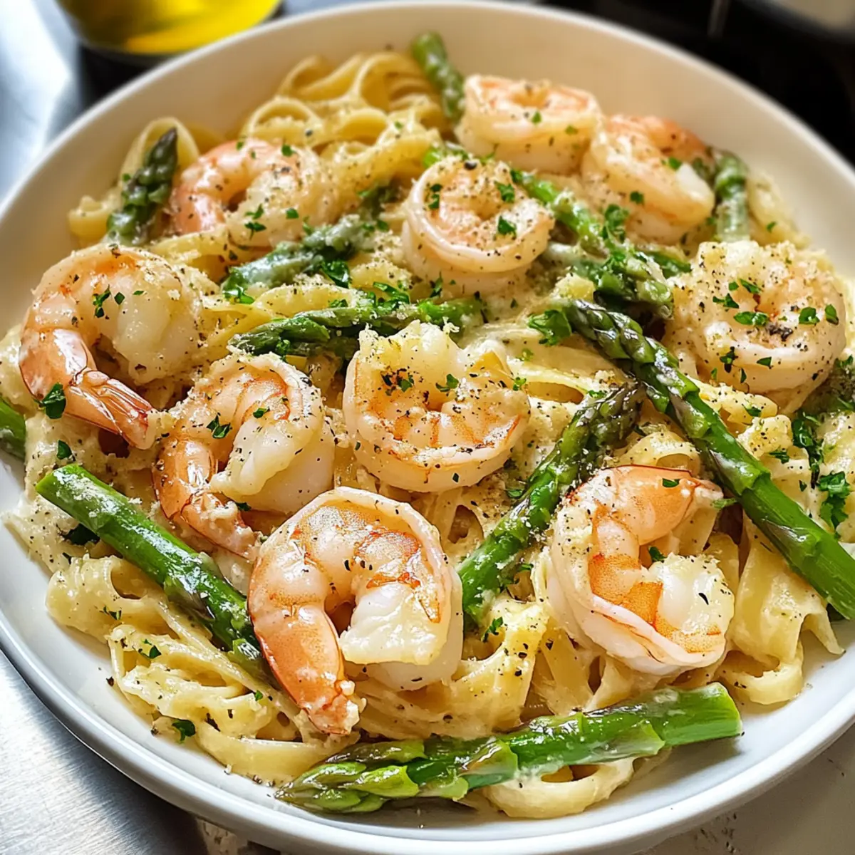 Pasta mit grünem Spargel und Garnelen ganz einfach