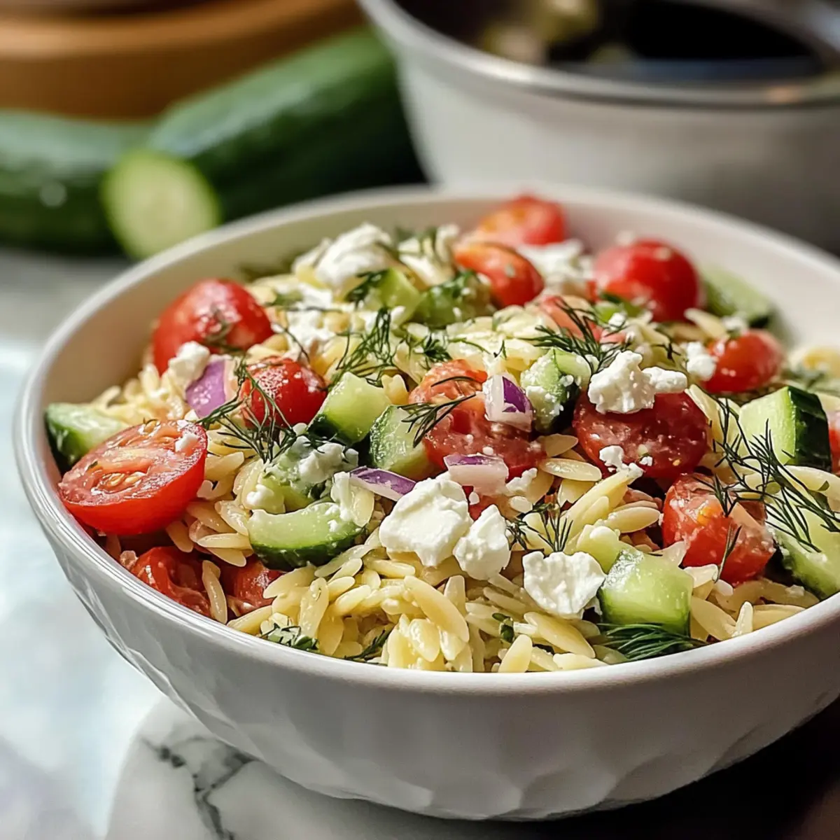 Schneller mediterraner Orzo-Pasta-Salat für heiße Tage