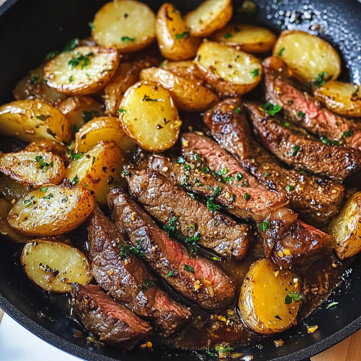 Knoblauchbutter Steak und Kartoffeln aus der Pfanne