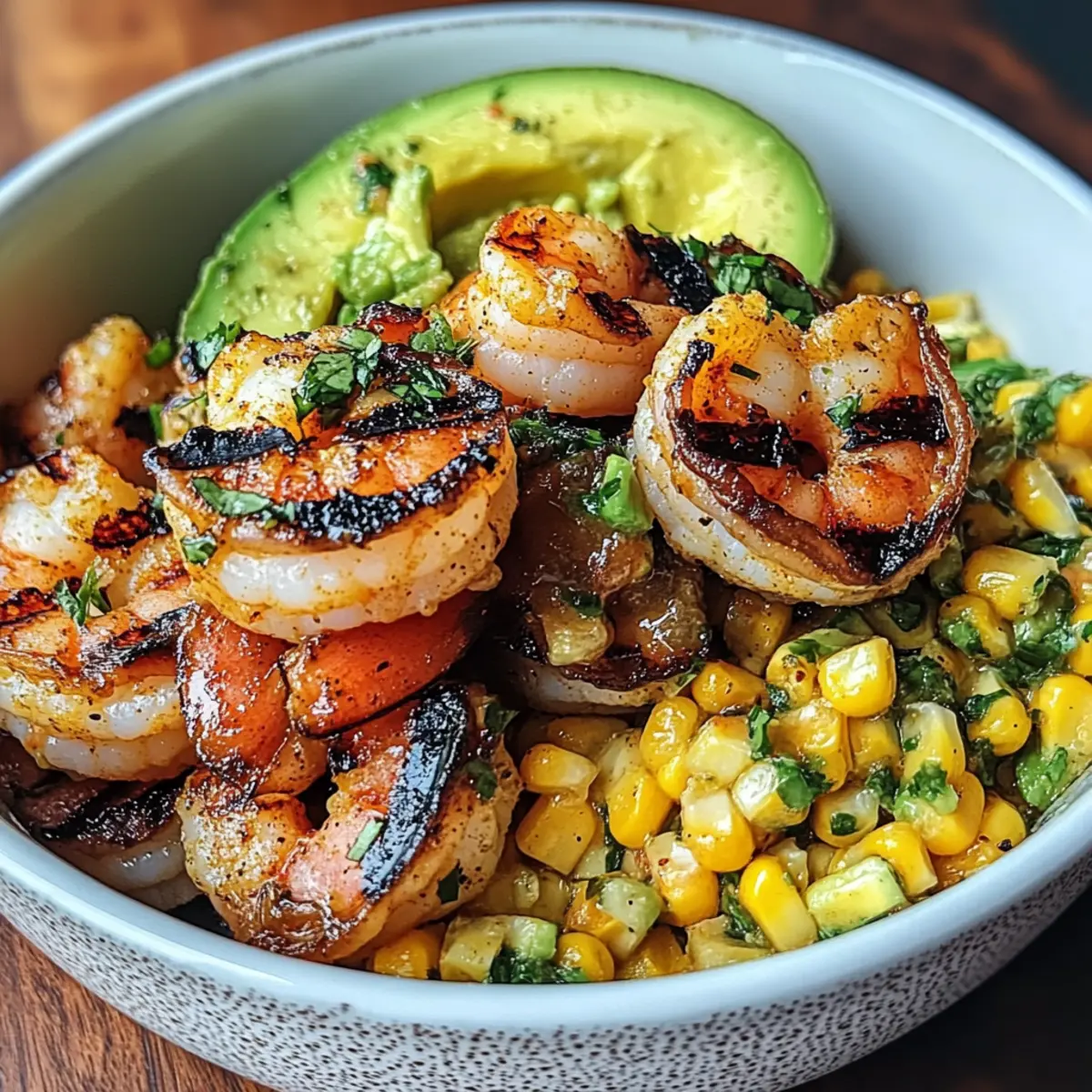 Gegrillte Garnelen-Schüssel mit Avocado & Mais-Salsa