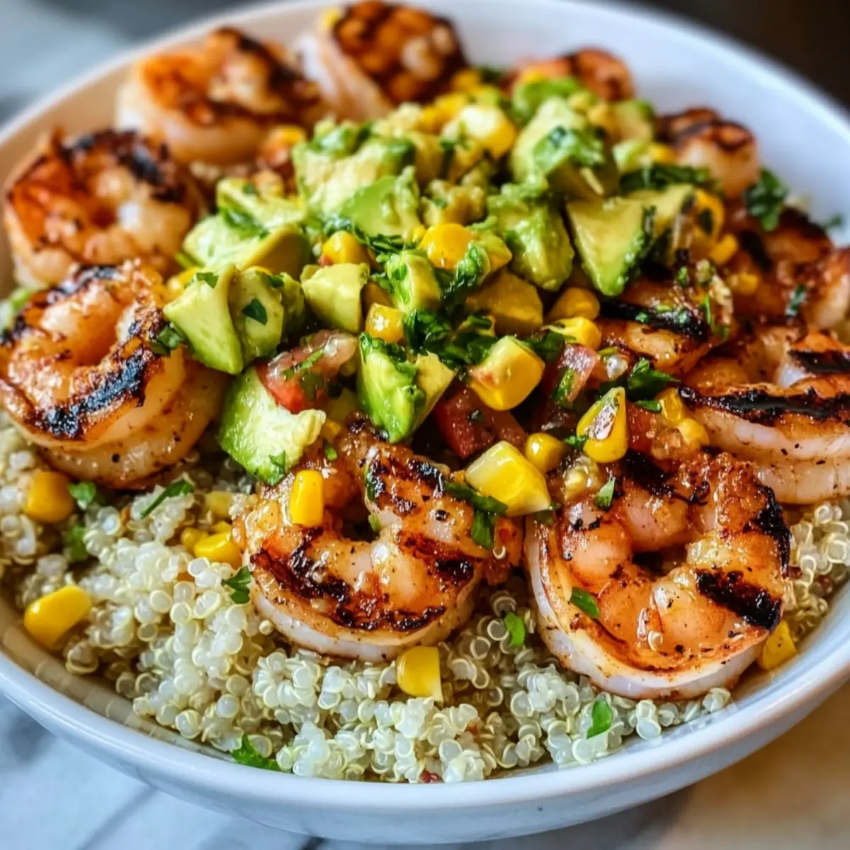 Gegrillte Garnelen Schüssel mit Avocado-Mais-Salsa