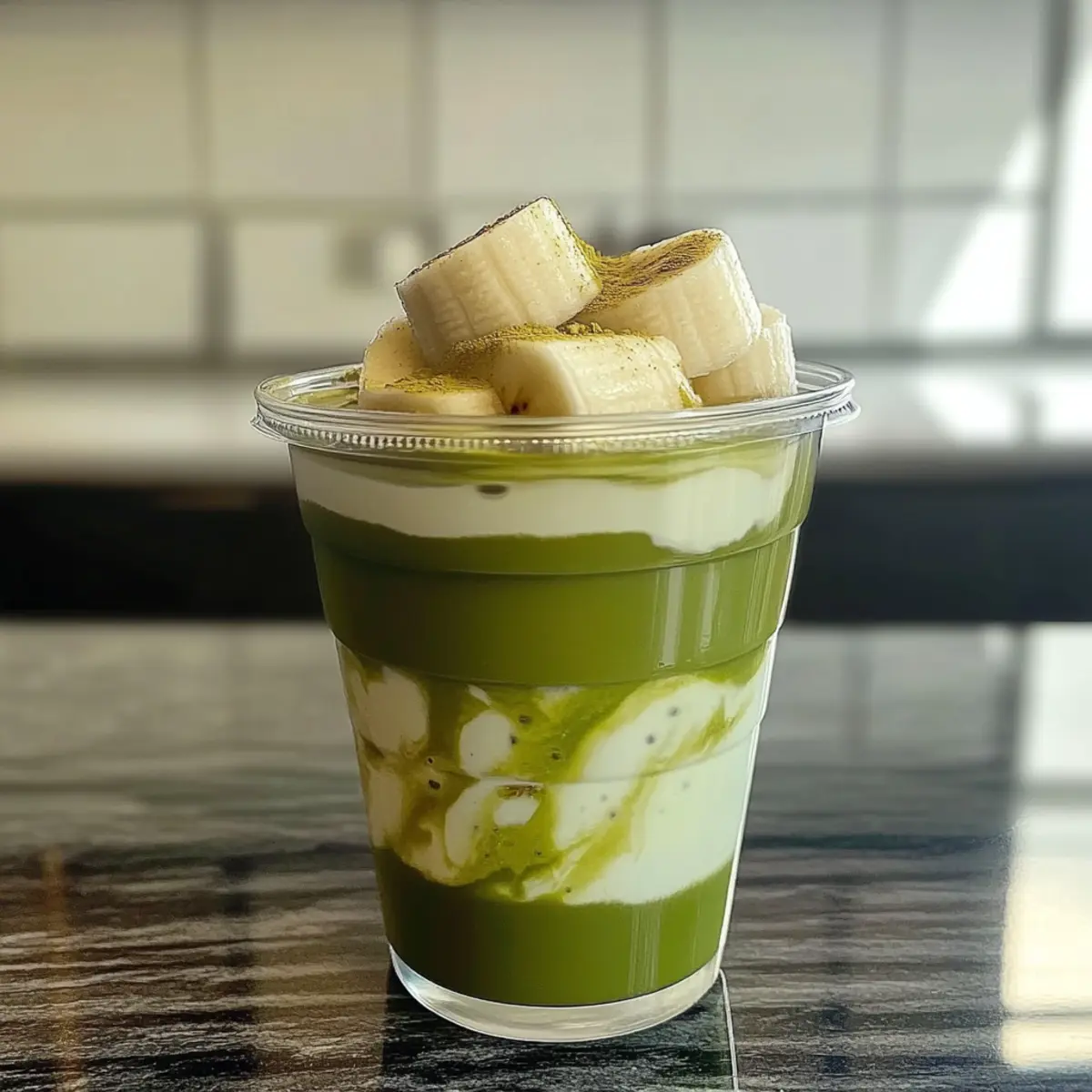 Gekühlter Bananencreme-Matcha-Latte für heiße Tage
