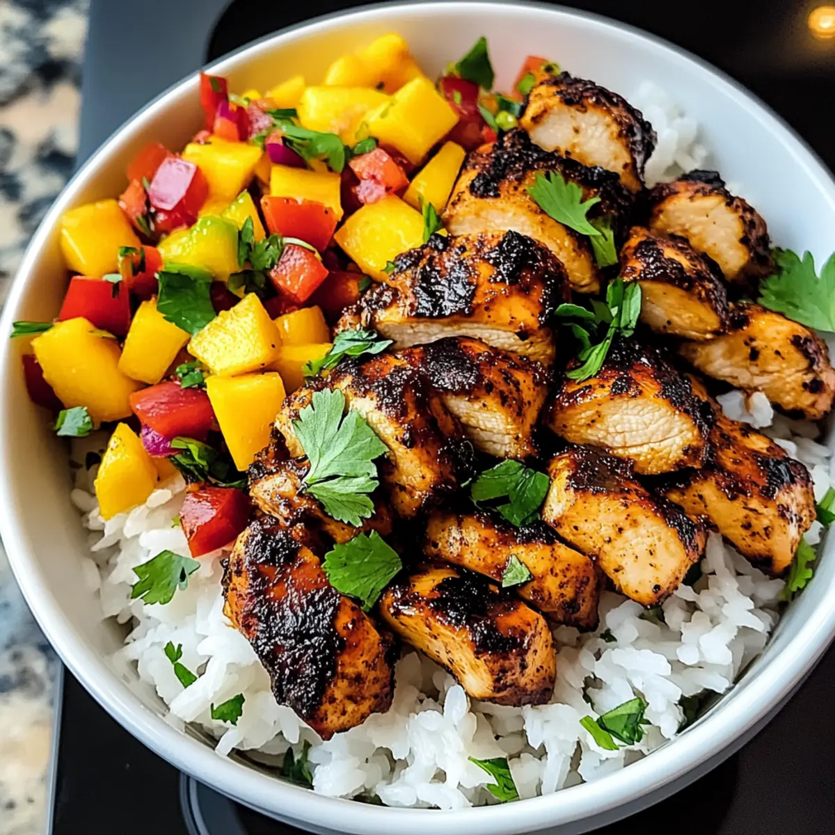 Jerk-Hühnchen-Schalen mit Mango-Salsa und Kokosreis