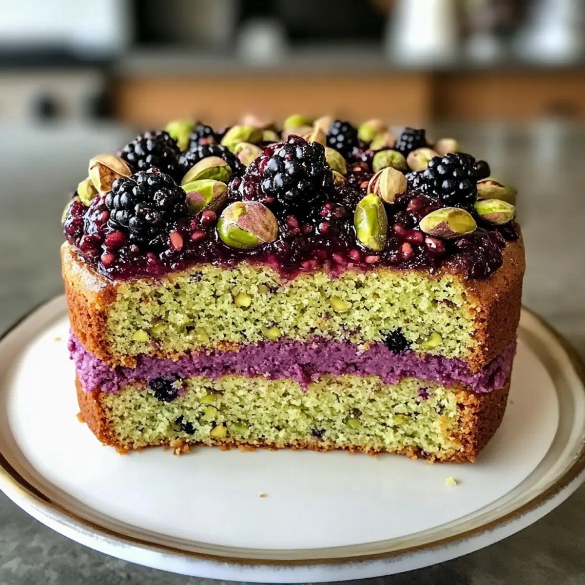 Pistazien- und Brombeer-Olivenölkuchen für Genussmomente