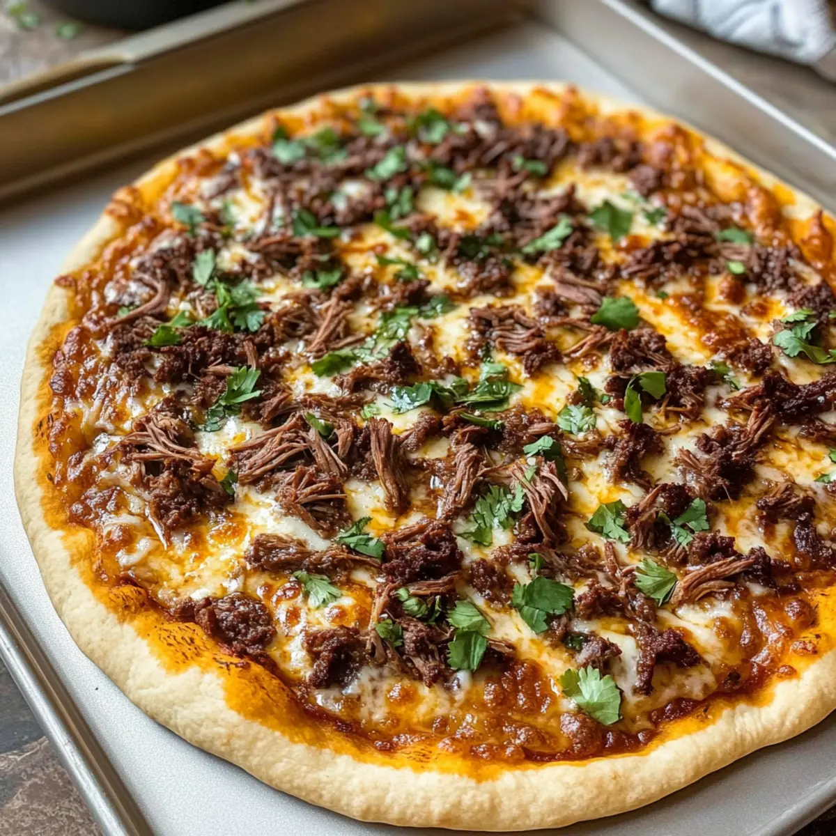 Krosse Ofen-gebackene Birria Pizza kreativ genießen