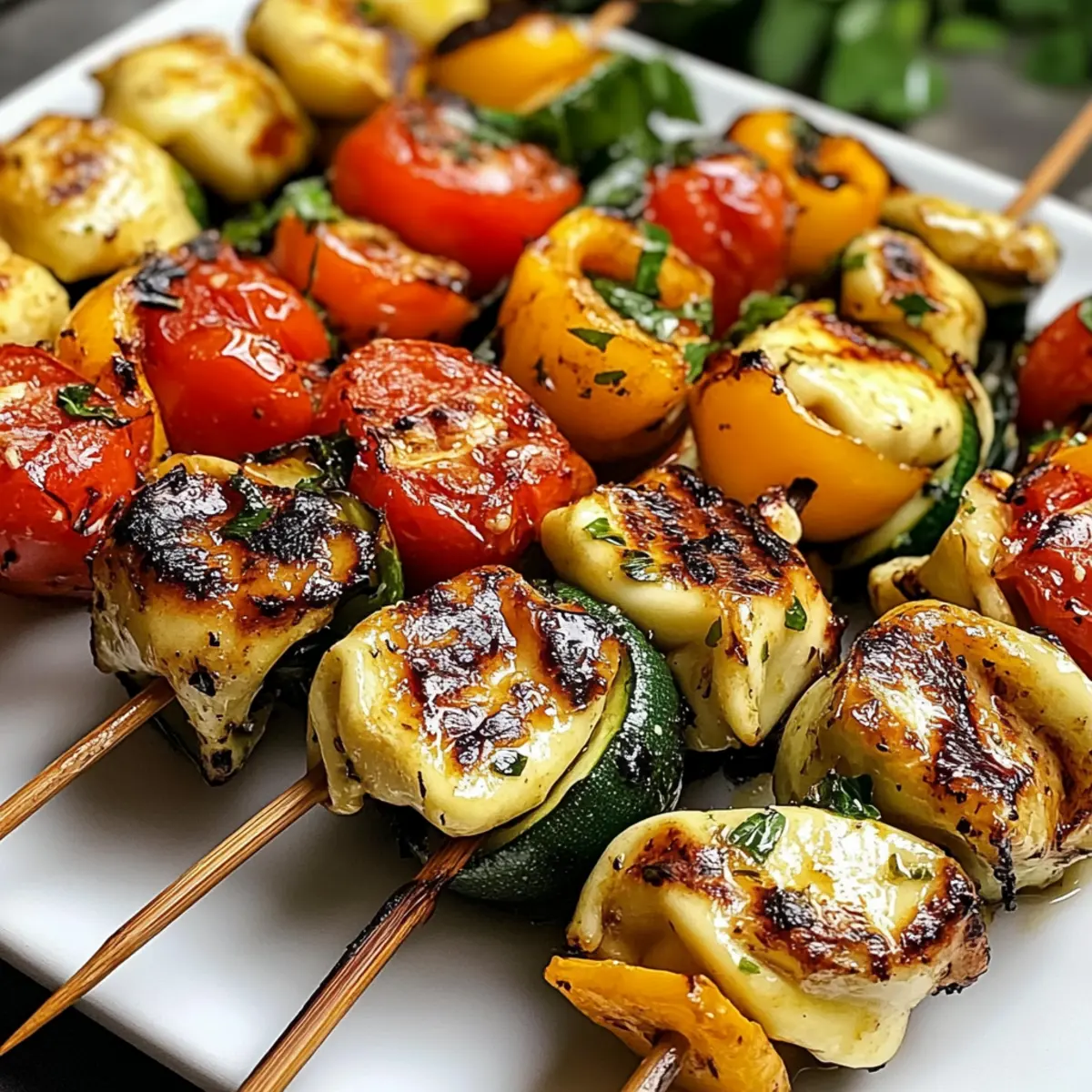 Gegrillte Tortellini-Spieße mit buntem Gemüse