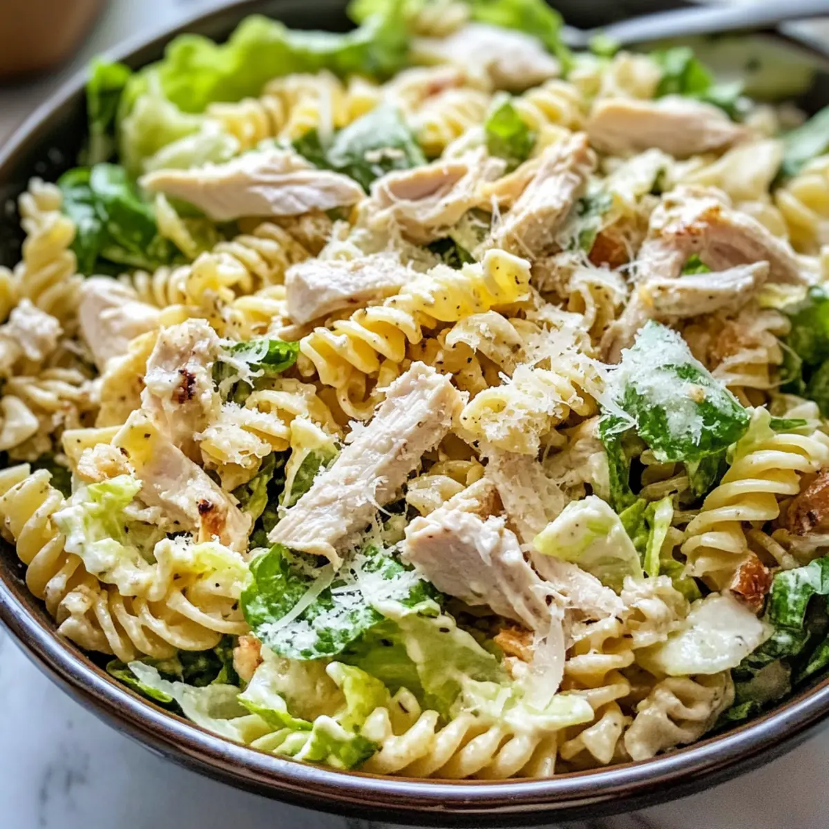 Hoher Protein Caesar Pasta Salat für schnelles Essen