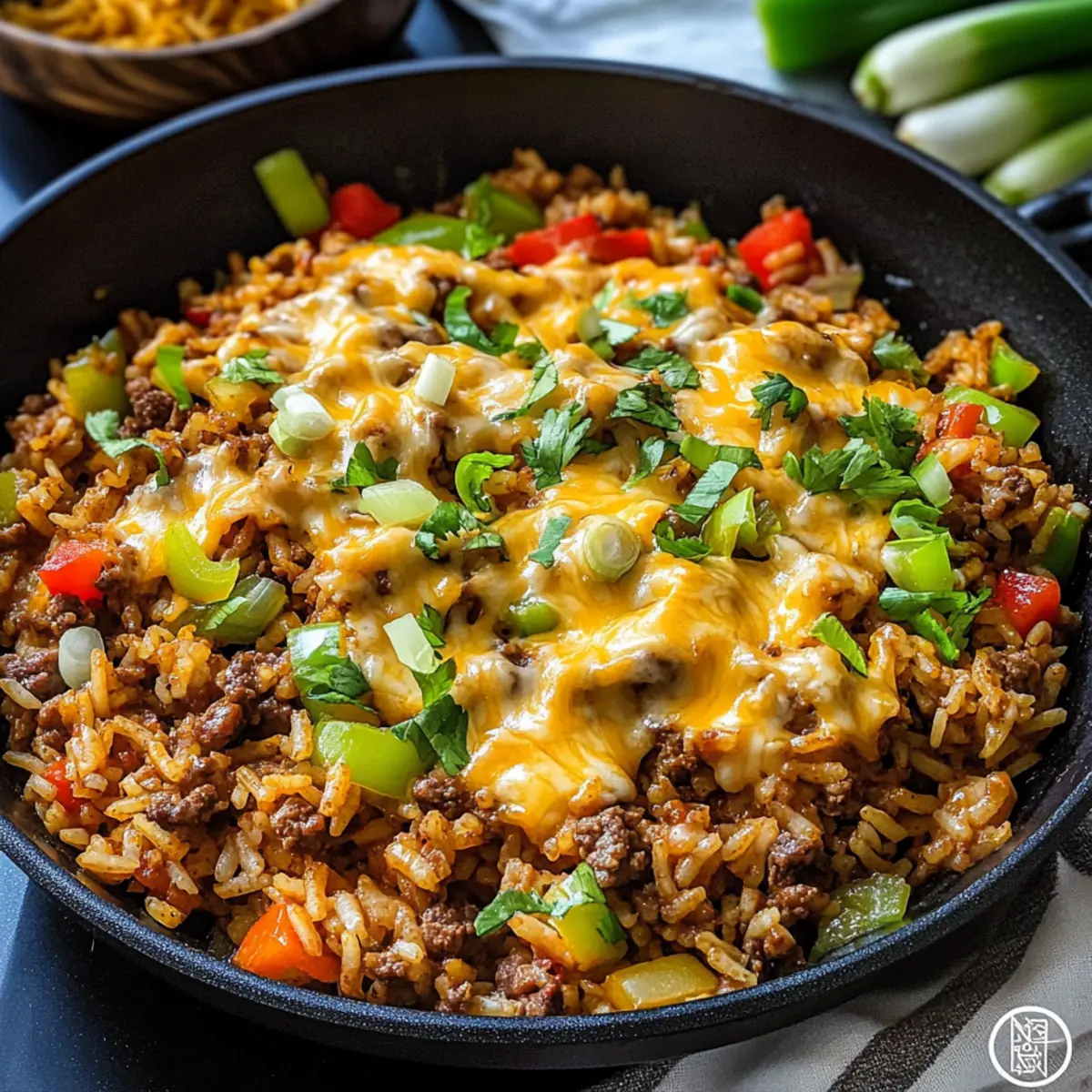 Ein-Topf Käse Cajun Rindfleisch Reis für den Genuss