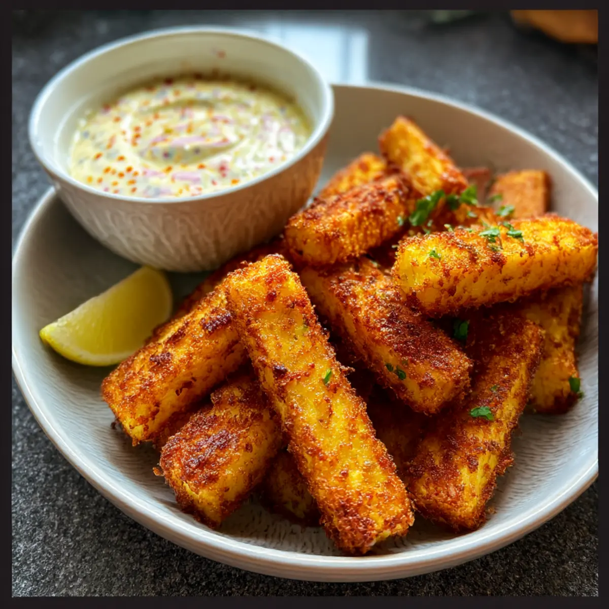 Luftfrittierte Halloumi-Pommes mit scharfem Joghurt-Dip